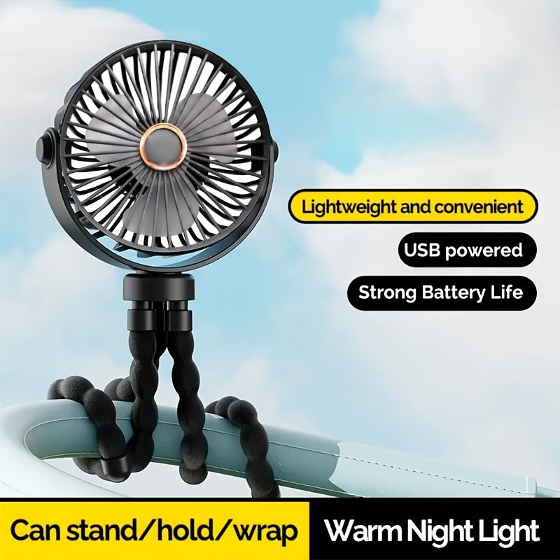 Portable Handheld Fan with Adjustable Tripod, 5-Speed, USB Rechargeable, Compact Folding Design