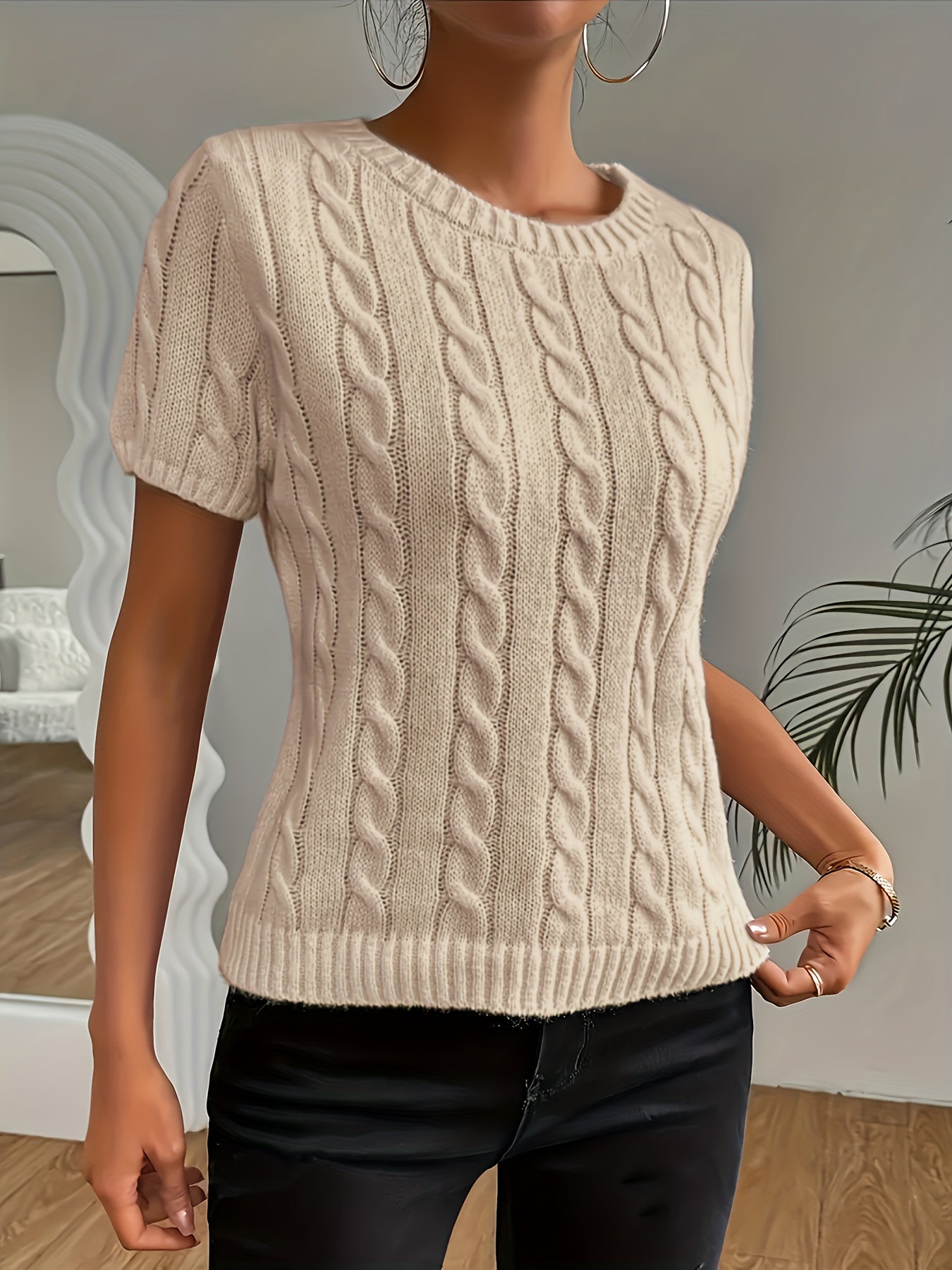Women's Sweater Thick Round Neck Short Sleeve Solid Color Spring Summer Casual Top