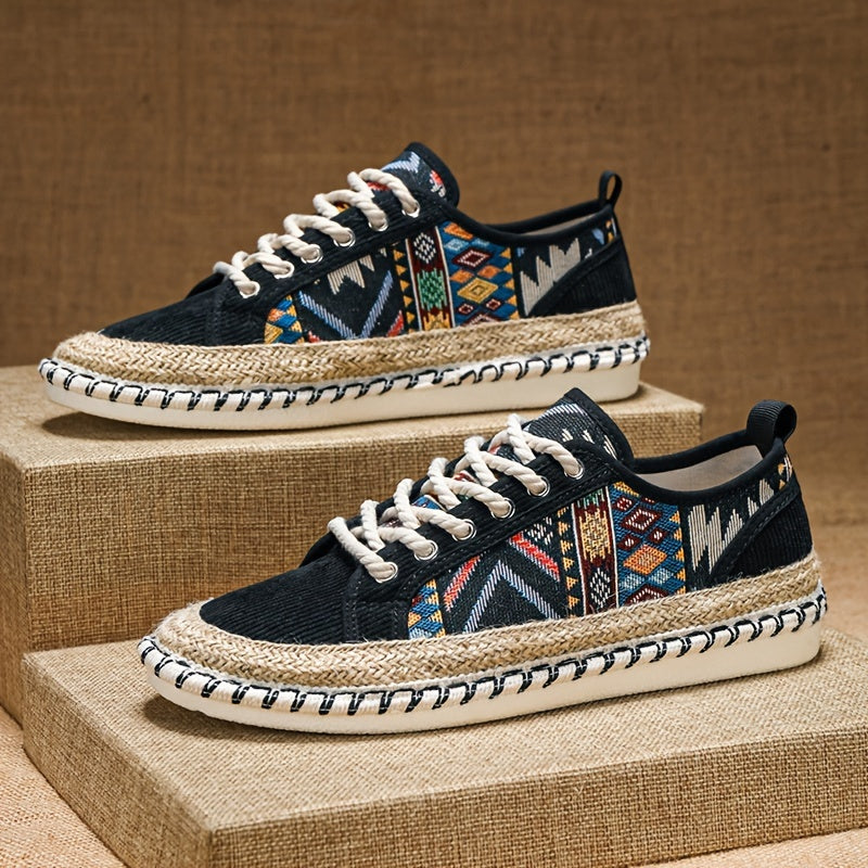 Men's Bohemian Canvas Espadrille Sneakers with Embroidered Vintage Design