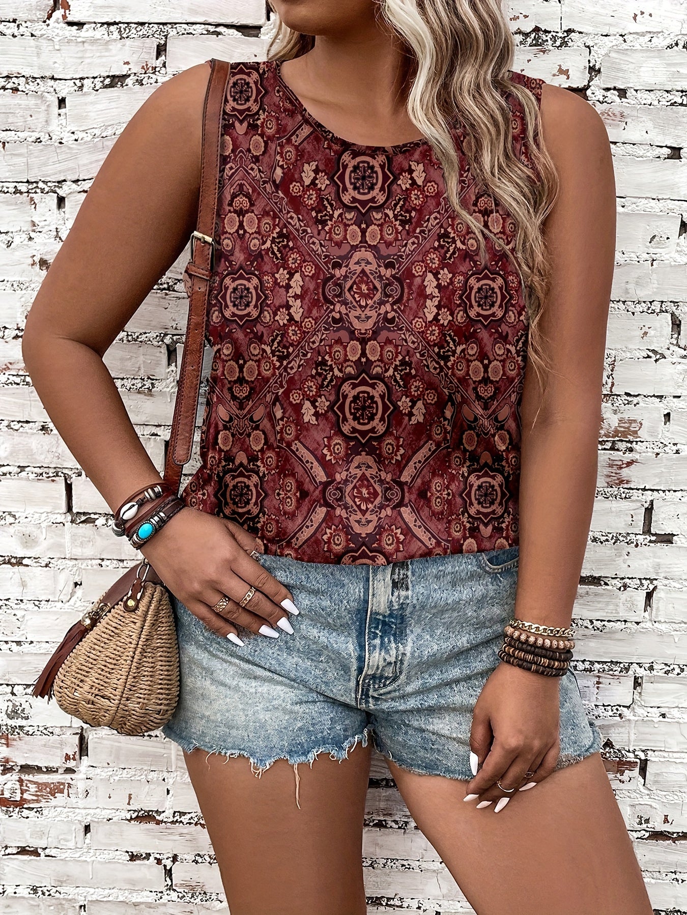 Женская майка без рукавов с цветочным принтом для полных женщин