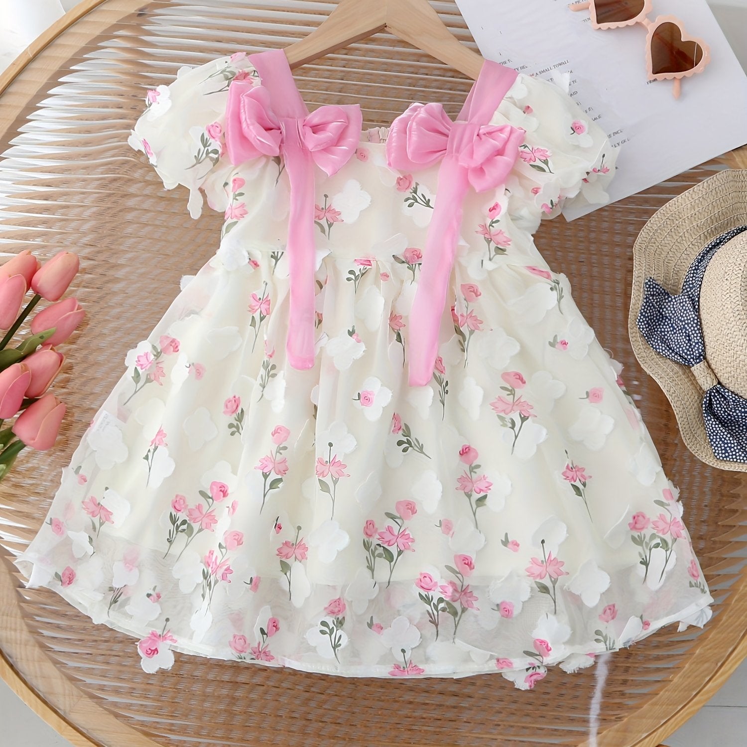Girls Summer 3D Flower Princess Dress with Puff Sleeves and Bowknot for Birthday