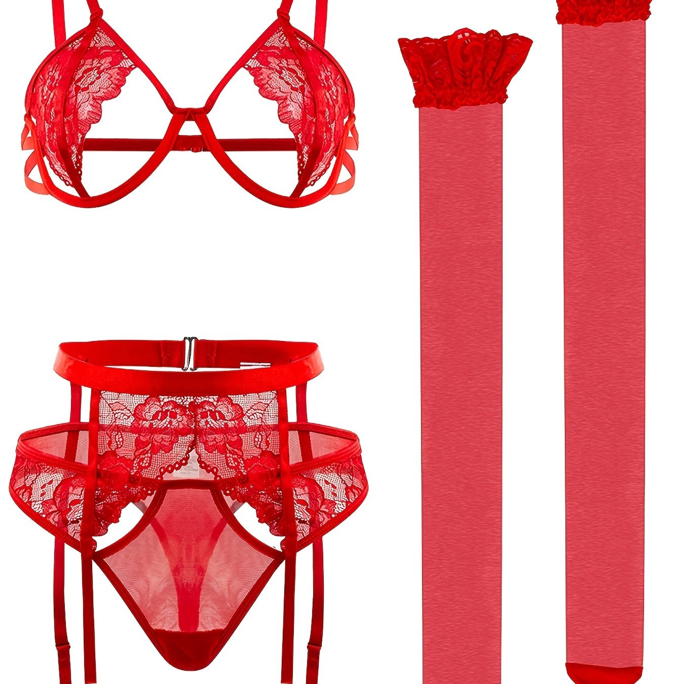 Women’s Lace Lingerie Set 4-Piece Solid Color Garter Belt and Suspender