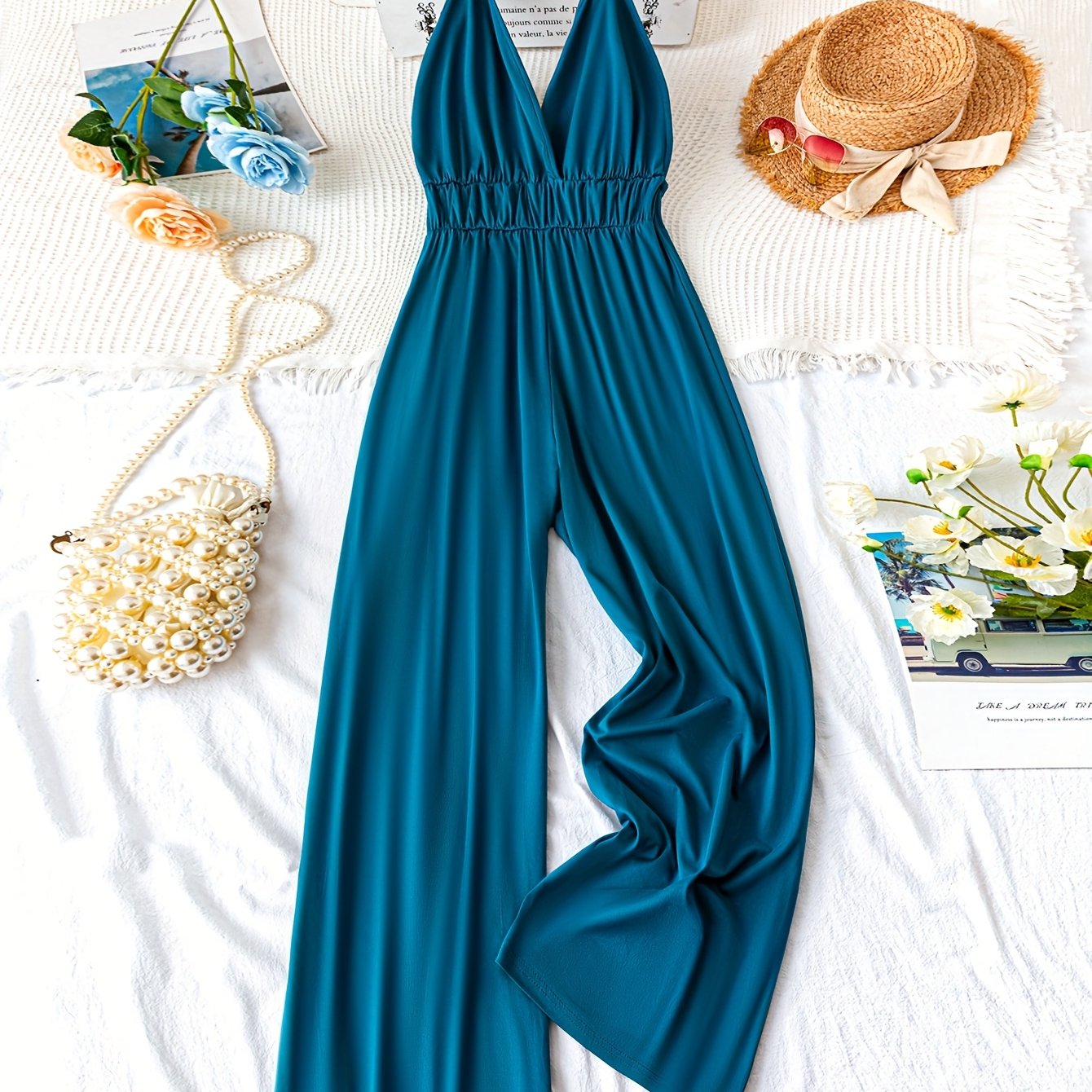 Women's Sleeveless V-Neck Jumpsuit Black Backless Flowy Legs Vacation Wear