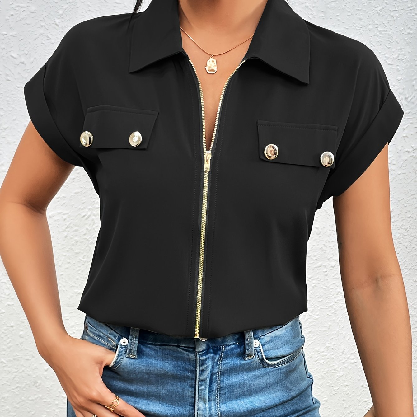 Women's Polyester Zip-Up Blouse with Lapel Collar for Casual and Formal Wear