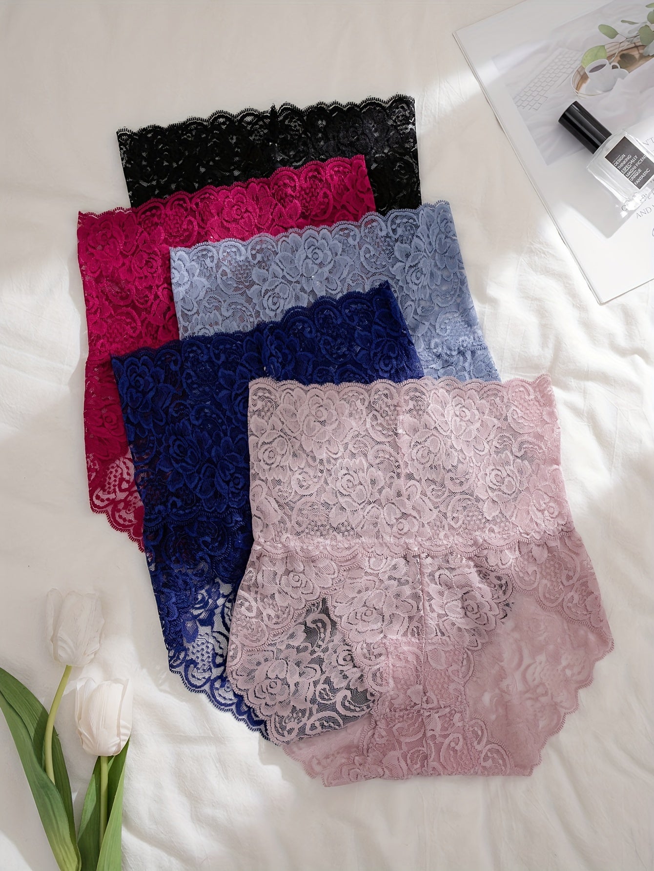 Women's High Waist Floral Lace Briefs Set of 5 Breathable Seamless Panties for Women