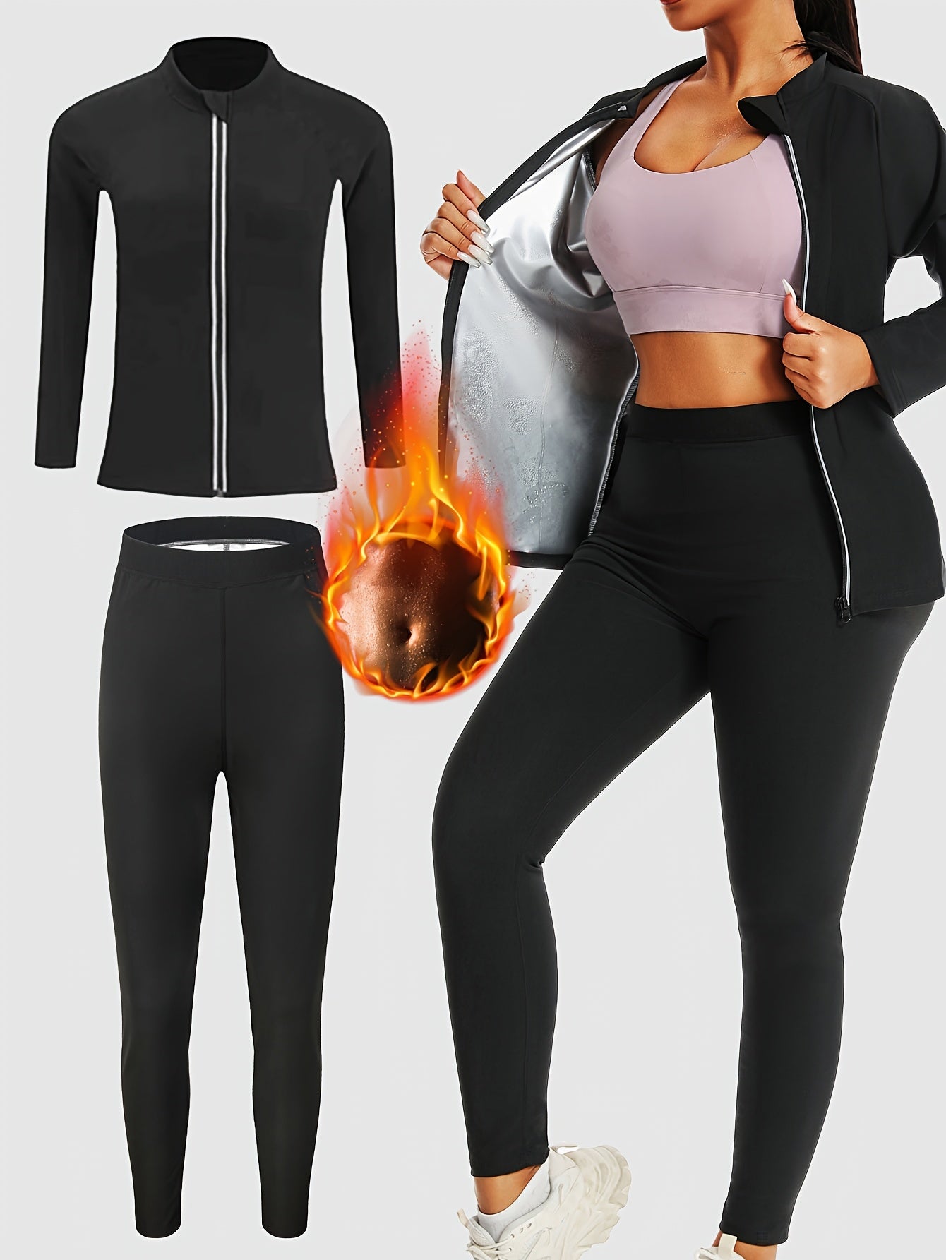 Women's Sauna Sweat Suit Set with Long Sleeve Zip-Up Jacket and Pants for Yoga and Fitness