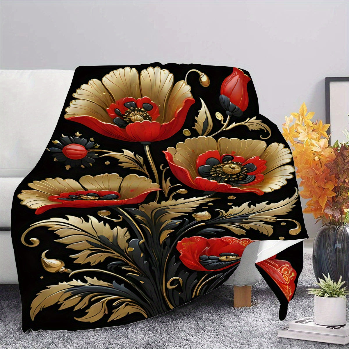 Floral Printed Fleece Throw Blanket for Living Room Bedroom Sofa All-Season Durable Polyester