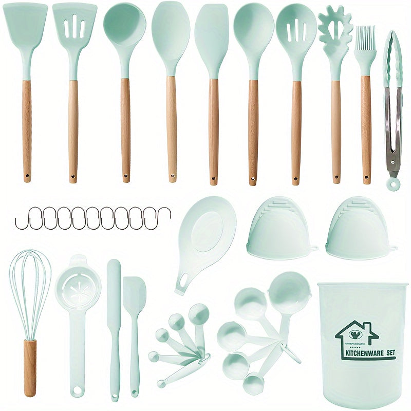 38-Piece Silicone Utensil Set with Wooden Handles Non-Stick Kitchen Gadgets