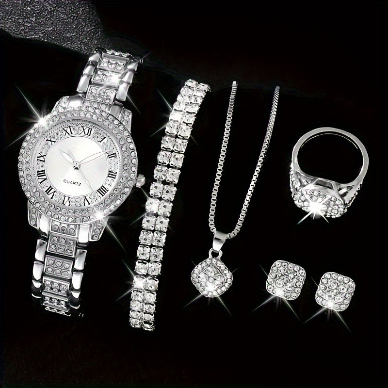 Women's Quartz Watch with Rhinestones and Jewelry Set for Gift