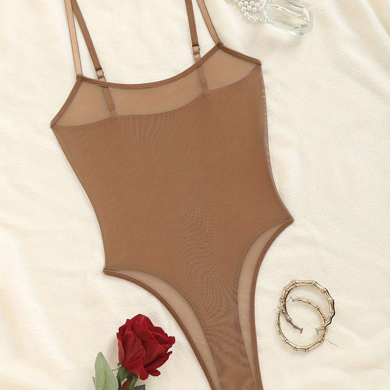 Women's Semi-Sheer Bodysuit with Spaghetti Straps and Backless Design Lingerie