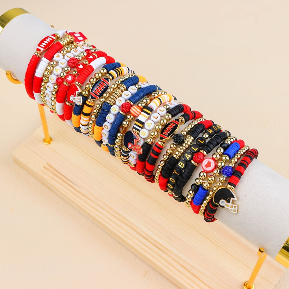 15 ta modali sport rugby mavzusidagi yurak shaklidagi yumshoq keramika ko'p rangli elastik to'plangan neytral bilakuzuklar tasodifiy jo'natilgan partiya - kundalik sovg'a berish uchun mukammal zargarlik aksessuarlari.