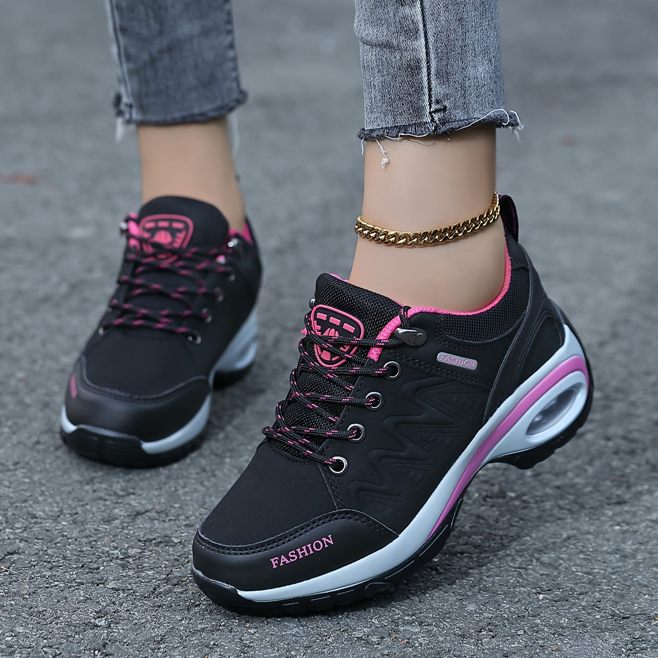 Women's Air Cushion Hiking Sneakers Black Pink Low-Top All-Season Trail Running Shoes