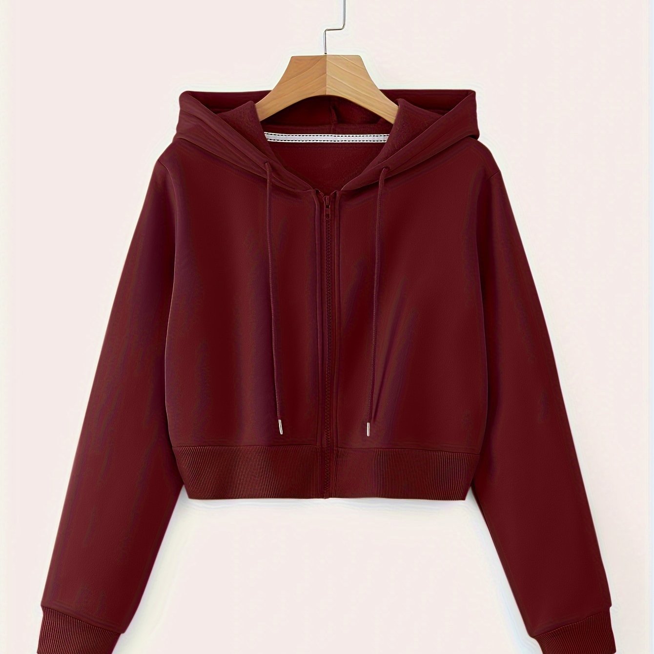 Women's Cropped Hoodie with Drawstring, Long Sleeves, Zipper, Fall and Spring Casual Wear