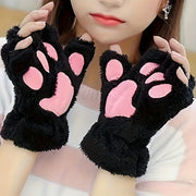Cozy Cat Paw Fingerless Gloves for Girls Soft Cotton Blend Black Pink Heart Design