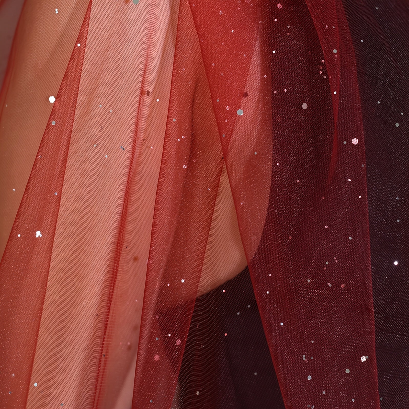 Red Bridal Veil with Golden Stitching Nylon Mesh for Wedding and Performance