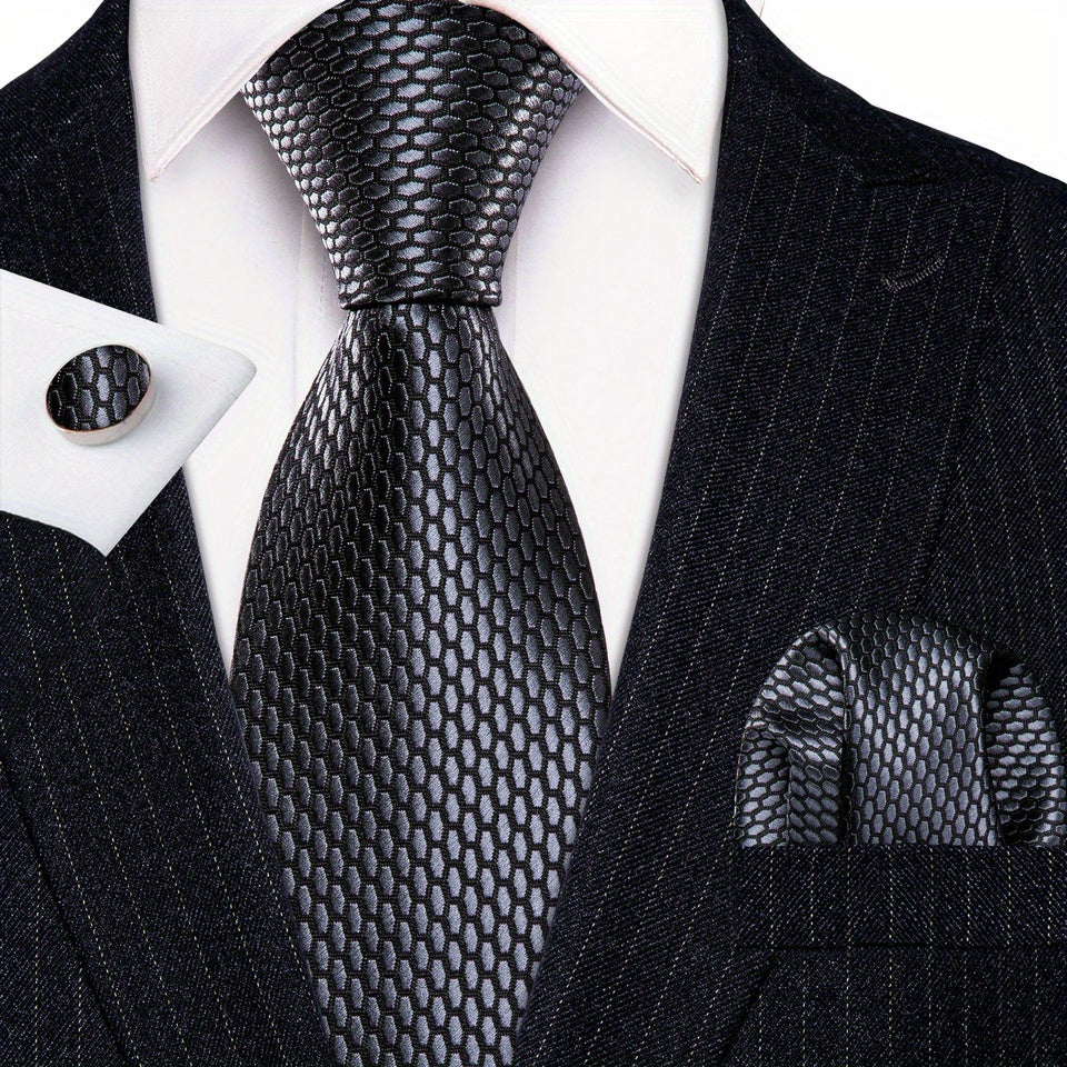 Perfect Gift: Matching Black Plaid Jacquard Tie, Cufflinks, and Pocket Square Towel Set for Parties, Weddings, and Proms