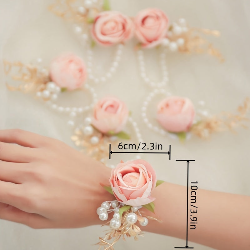 Set of 6 Pink Rose Wrist Corsages with Golden Leaves Beads for Weddings Proms Parties