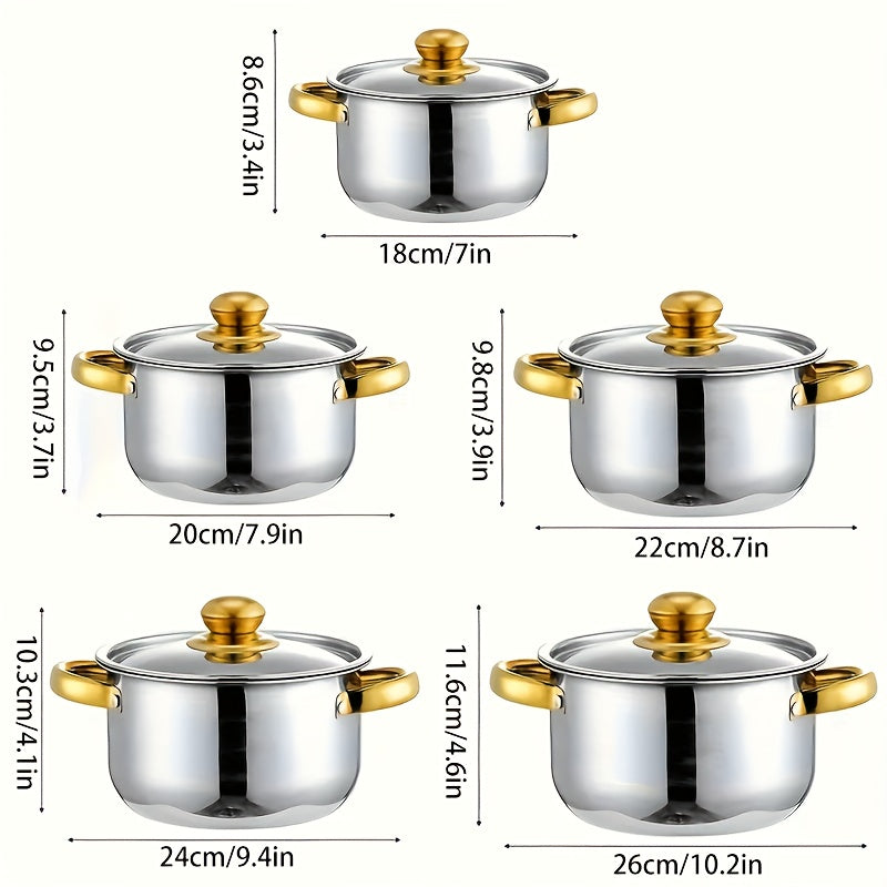 10-Piece Stainless Steel Cookware Set with Double Handles and Lids for Soup Stew Pasta
