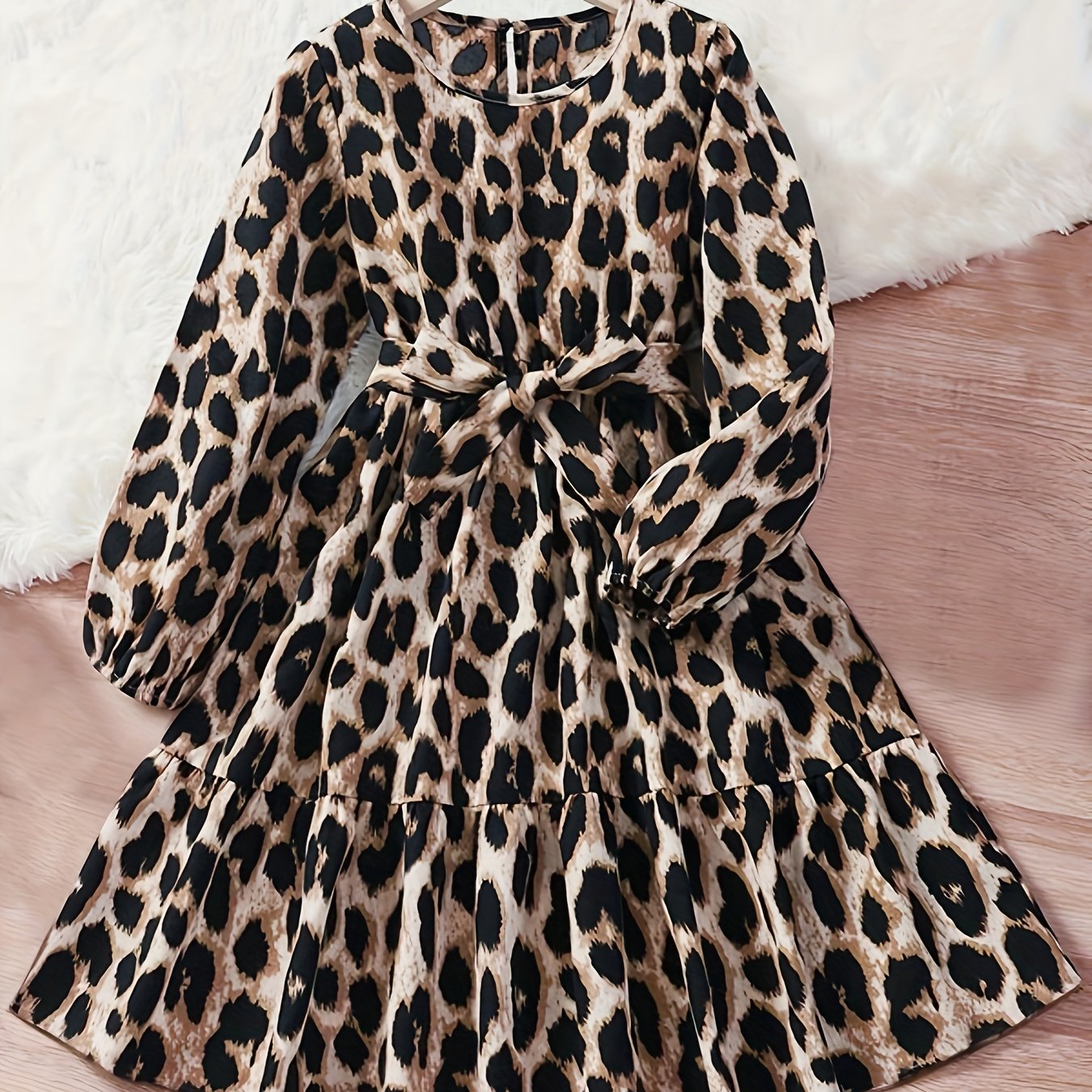 Girls Leopard Print Dress with Bow Belt for Party or Gift