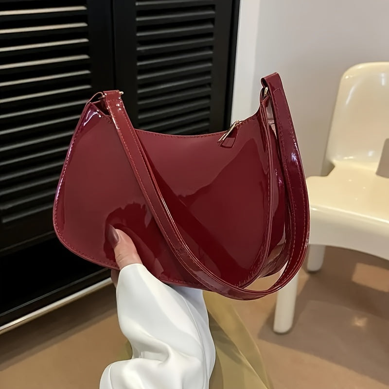 Red Glossy Women's Shoulder Bag with Zipper Closure for Everyday Essentials