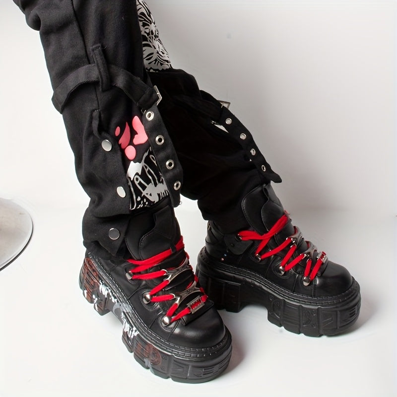 Women's Punk Y2K Gothic Ankle Boots Black Red Lace-Up Platform Toe