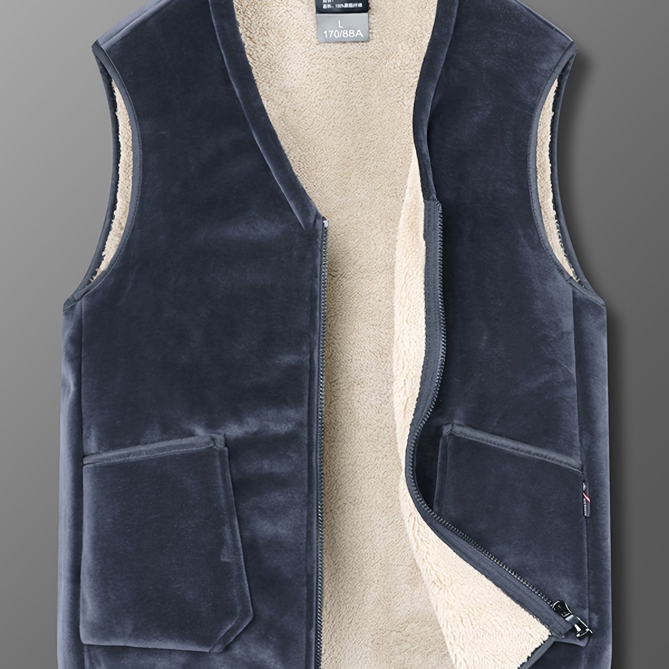 Fleece-Lined Thermal Vest for Men Winter Warmth Zip-Up Solid Polyester