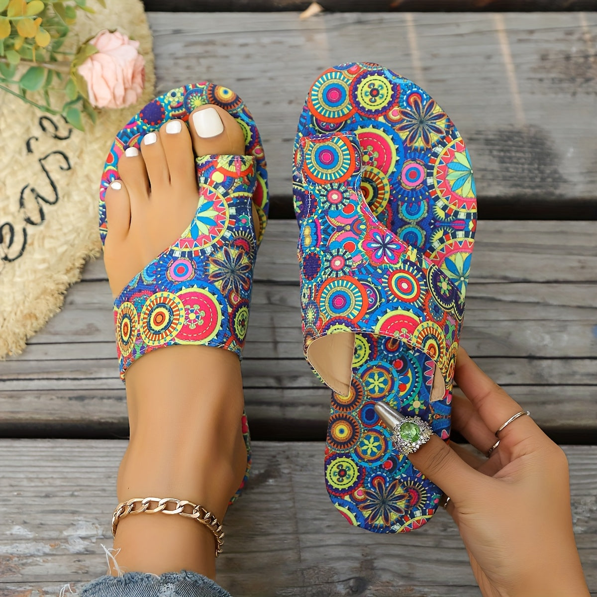 Women's Floral Slip-On Flip Flops with Fabric Upper and Open Toe