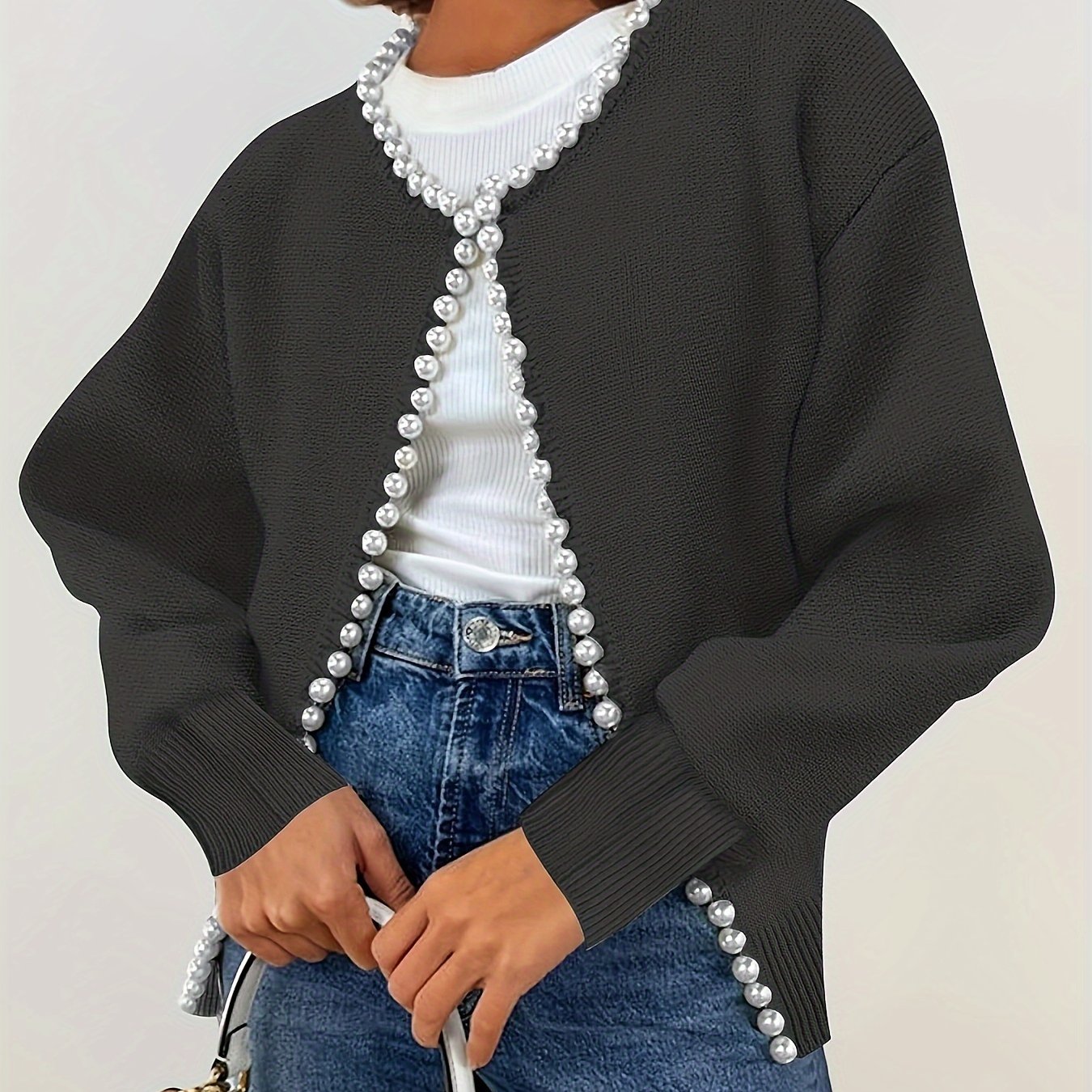 Cárdigan corto para mujer de talla grande con perlas, blanco, suéter de manga larga
