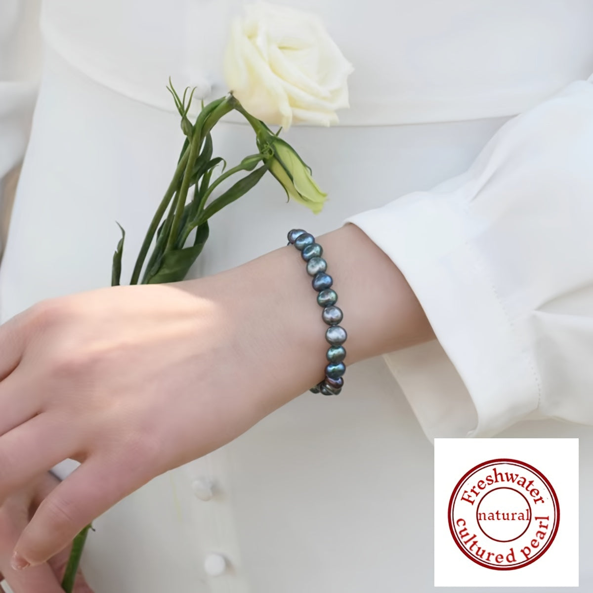 Pulsera de perlas de agua dulce negras de 7-8mm con perlas naturales para mujeres y regalos