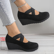 Women Slip-On Wedge Shoes Black Breathable Fabric All-Season Comfort