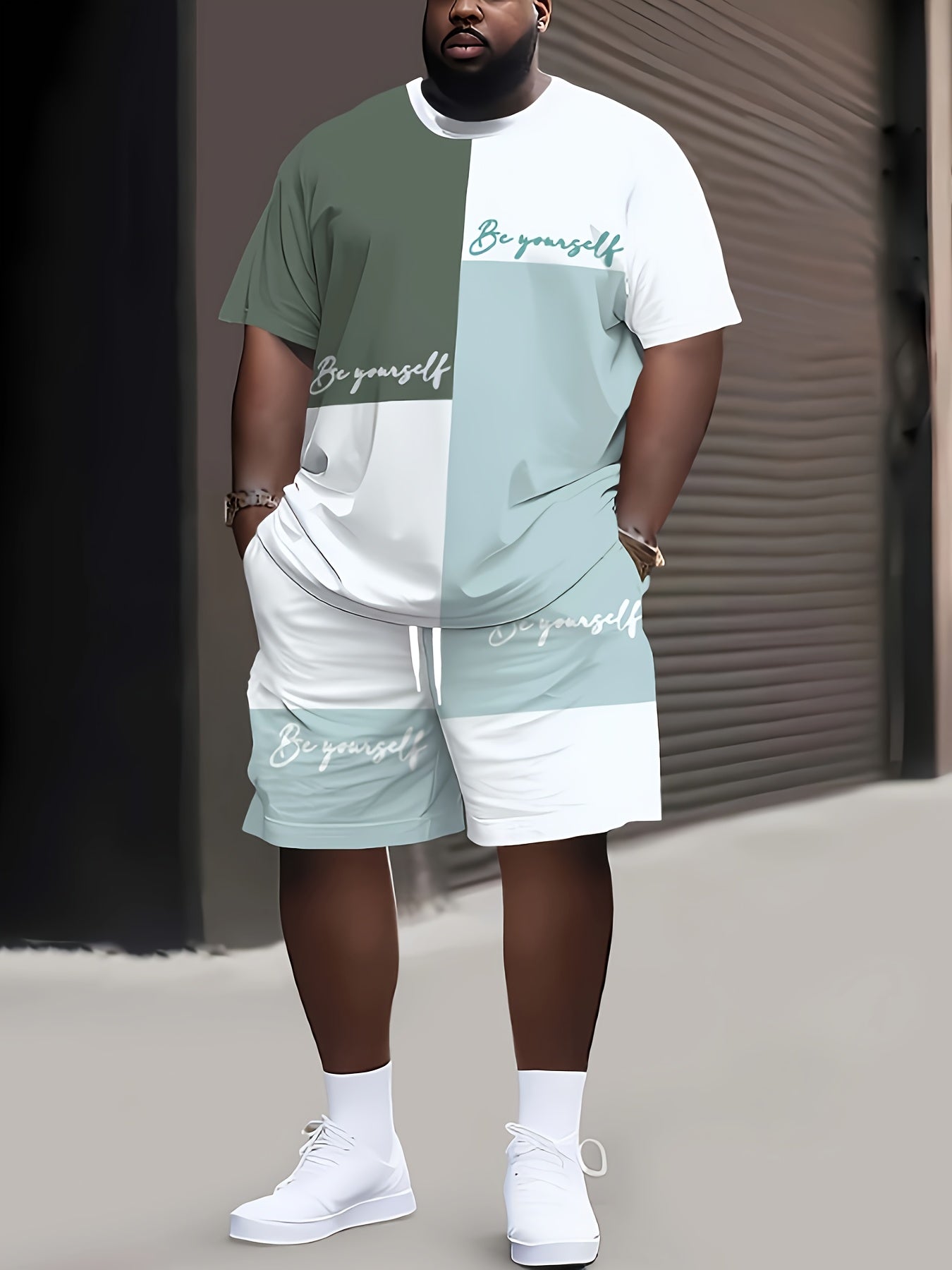 Plus Size Men's Color Block 2-Piece Set T-Shirt and Sports Pants Summer Casual Activewear