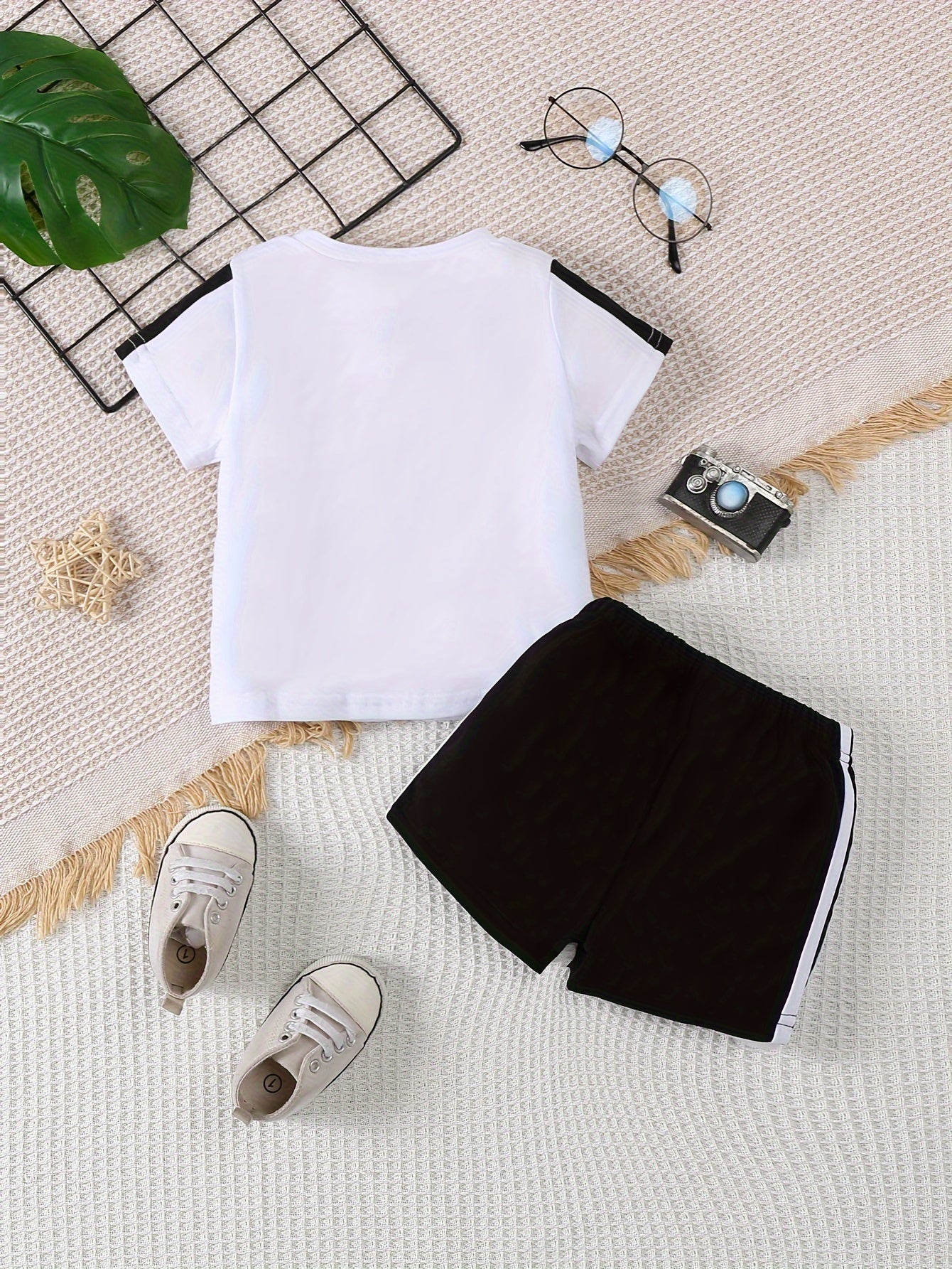 Kids Boys T-Shirt and Shorts Set Black and White Letter Print Polyester Spring Summer Movement Style