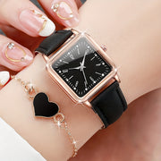 Ladies Quartz Watch Set with 6 Pieces Square Dial Pink Black White Leather Band