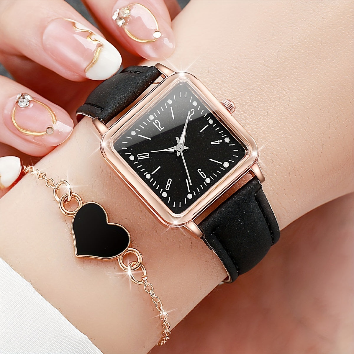 Ladies Quartz Watch Set with 6 Pieces Square Dial Pink Black White Leather Band