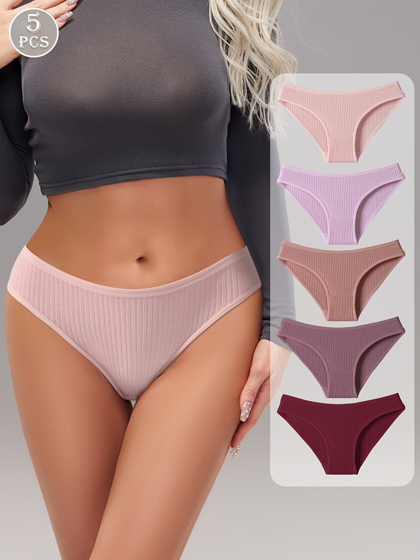 Women's Purple Ribbed Triangle Panties 5-Pack Cotton Comfortable Lingerie