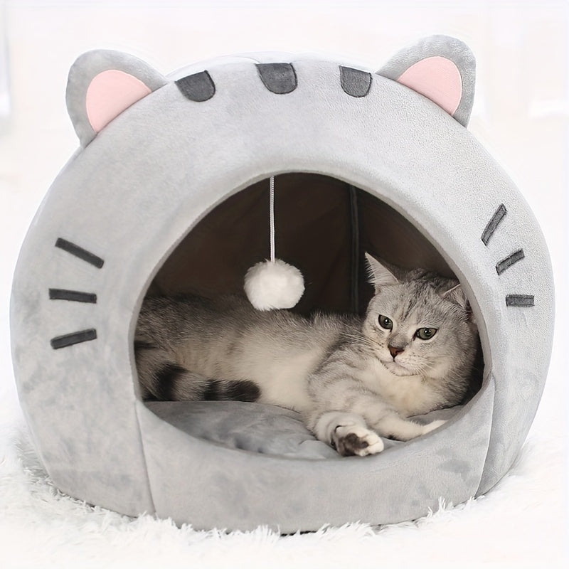 Gray Hooded Cat Bed with Pink Ears, Soft Interior, Washable Cushion