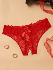 Plus Size Lace Thong Panties for Women with Back Bow Solid Nylon Medium Stretch Sexy Lingerie