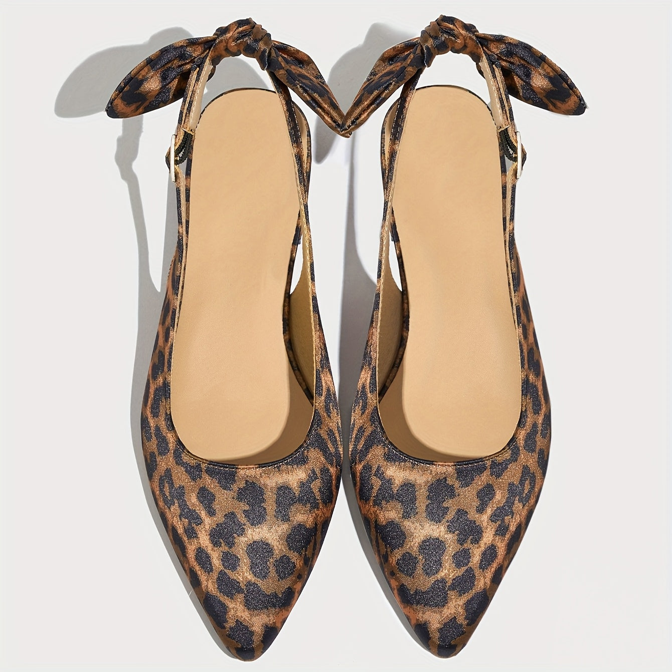 Women's Leopard Print Slingback Sandals with Bowknot, Pointed Toe, Low Heel