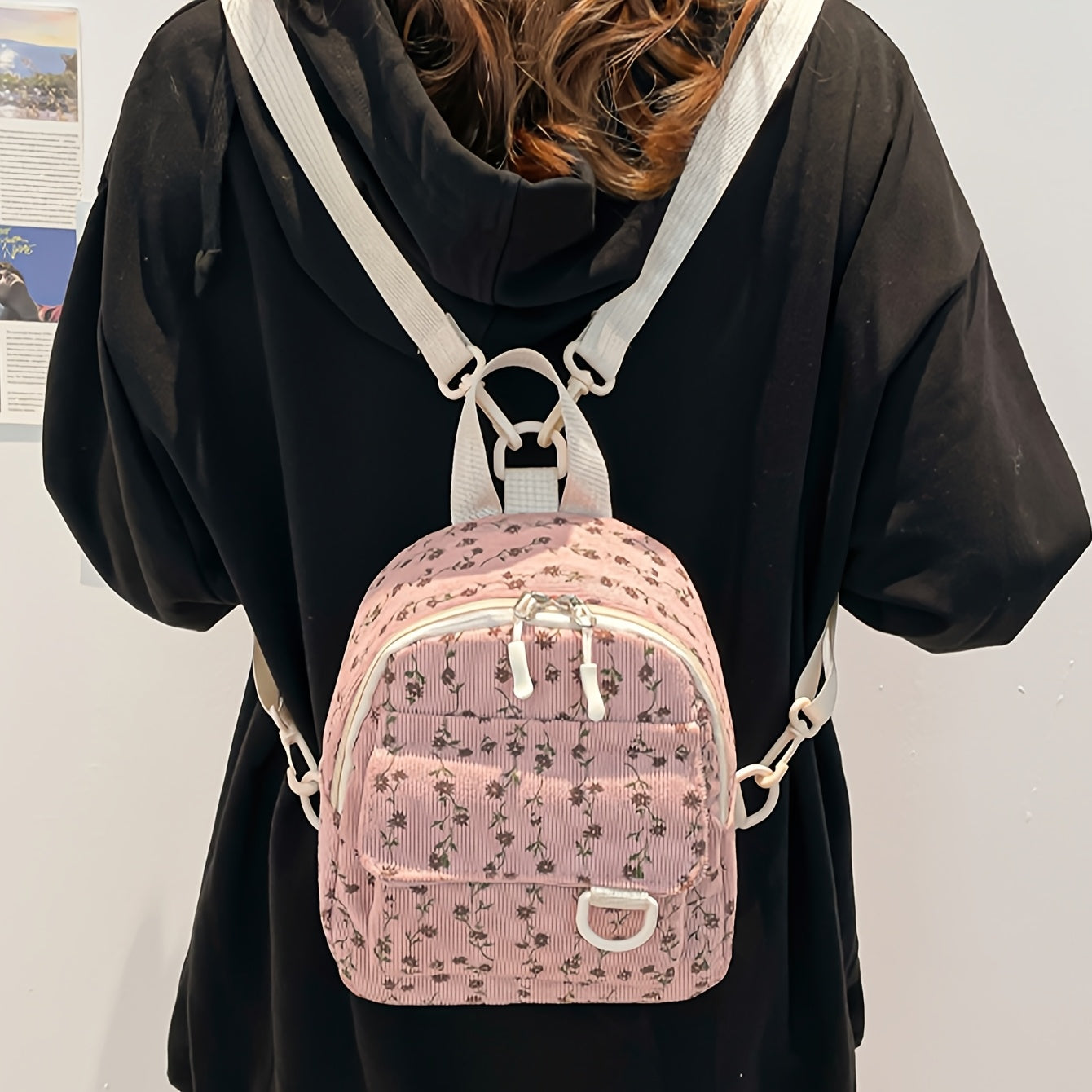 Cute Floral Print Corduroy Mini Backpack with Adjustable Straps and Zipper Closure