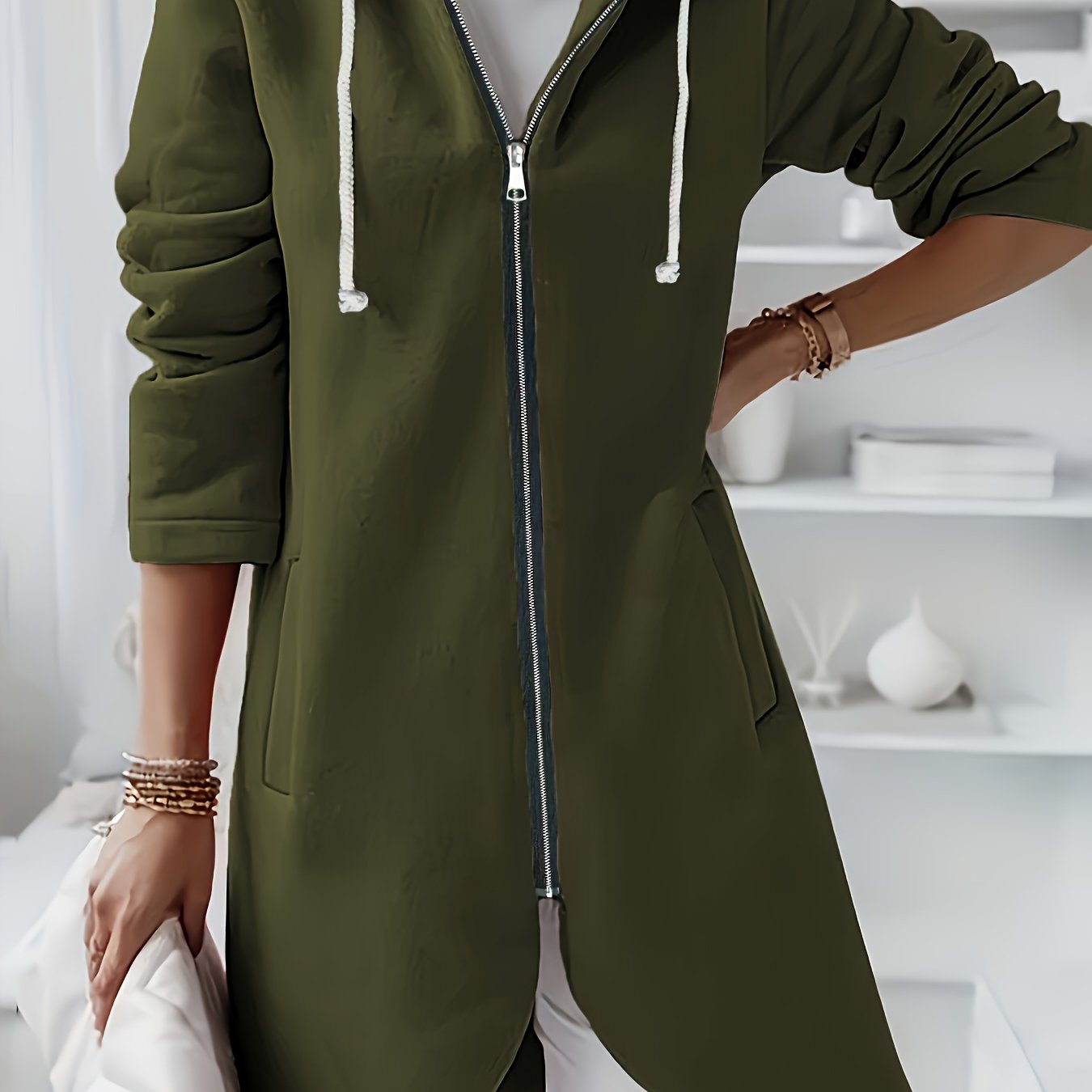 Women's Fleece-Lined Zip-Up Hoodie Casual Street Style Dark Green Drawstring Pocket