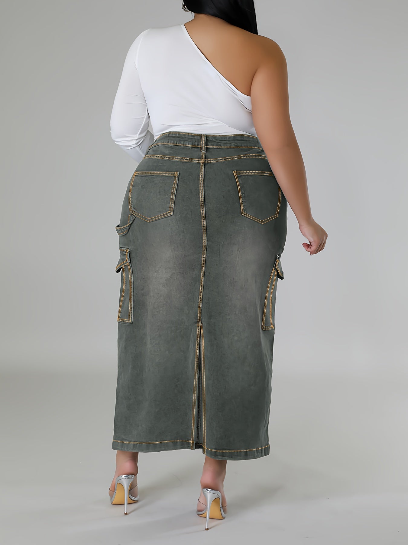 Falda midi de mezclilla lavada de tallas grandes para mujer lavable a máquina