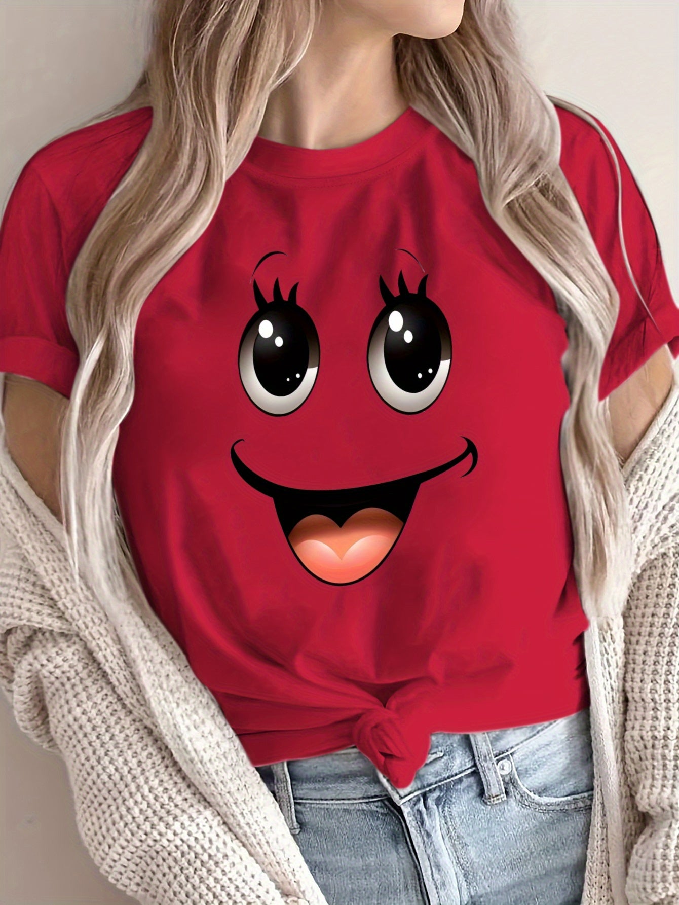 Women's Oversized Graphic T-Shirt Pink Cartoon Face Loose Fit Casual Summer