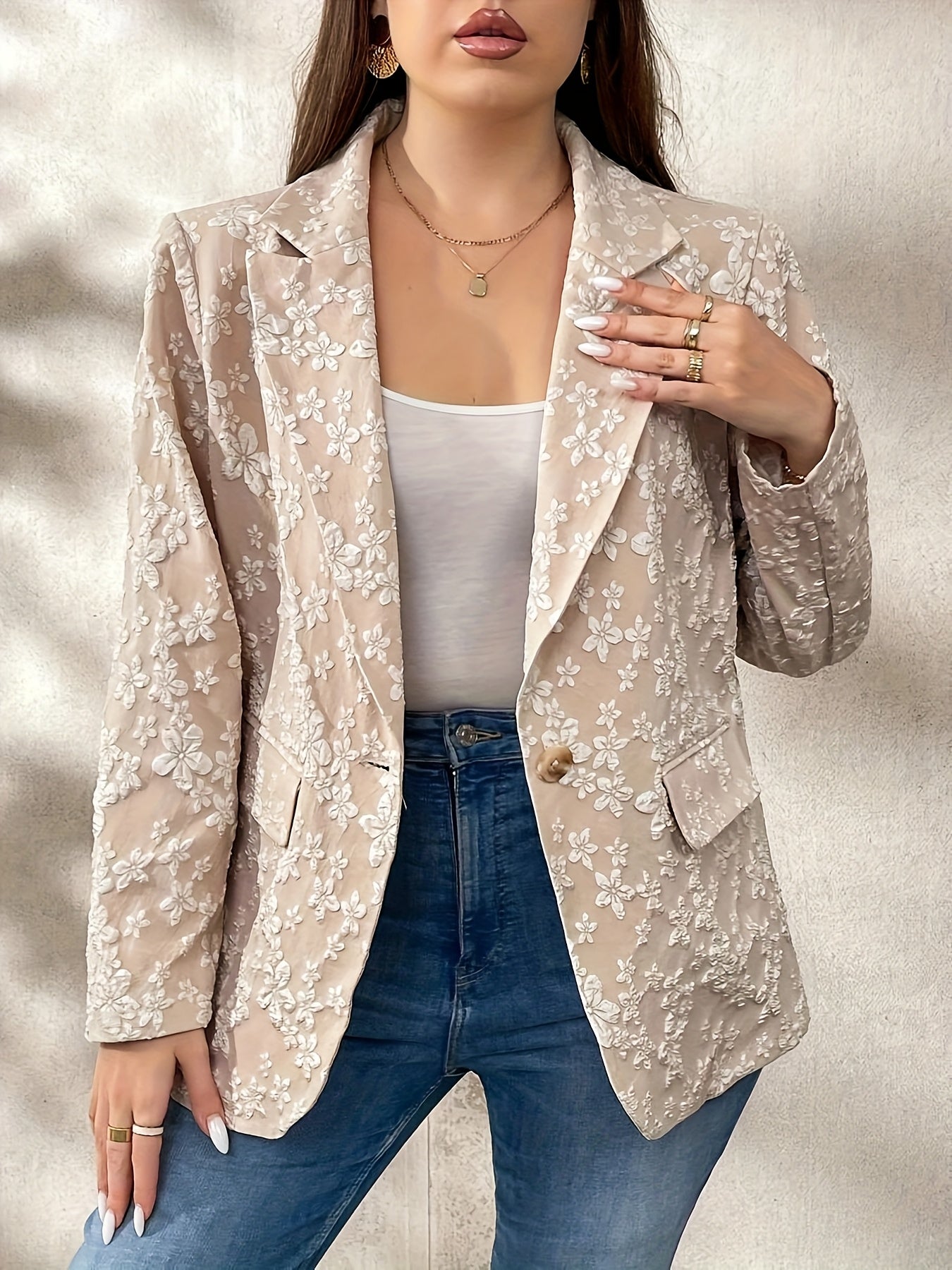 Women's Plus Size Textured Jacquard Suit Jacket Autumn Winter Elegant Versatile