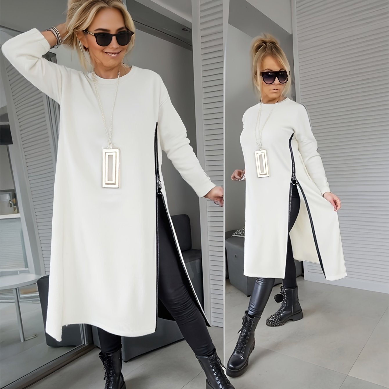 Plus Size White Pullover for Women with Slimming Effect and Asymmetrical Zipper