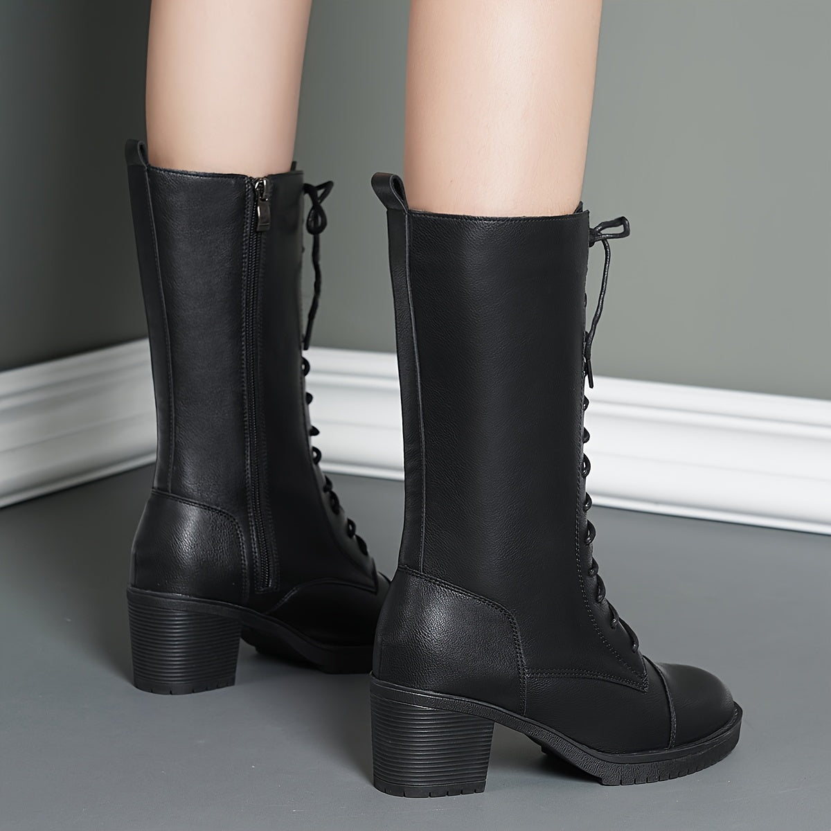 Women's Fleece-Lined Mid-Calf Winter Boots with Chunky Heel