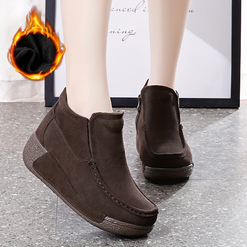 Women's Fleece-Lined Faux Leather Ankle Boots Brown Platform Winter