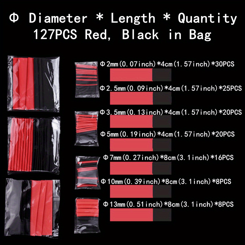 127pcs Heat Shrink Tube Kit Assortment 2:1 Cable Insulation Polyolefin