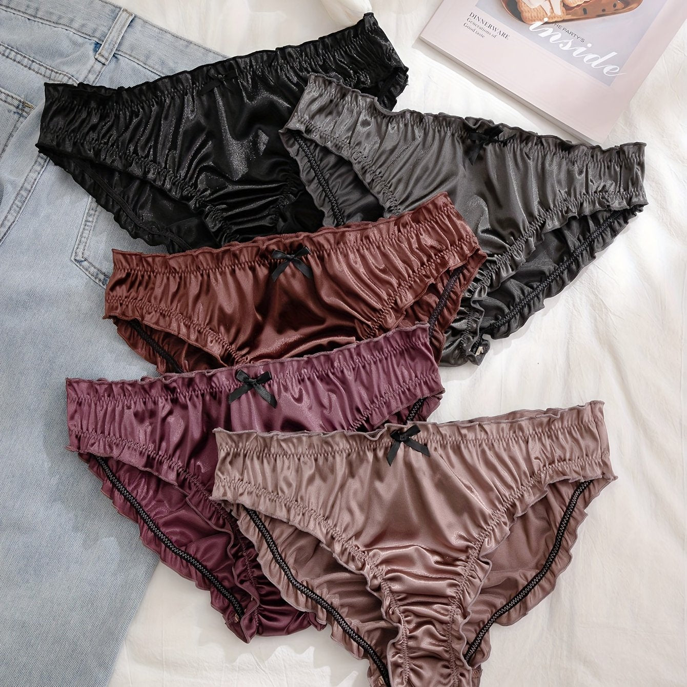 Women's Satin Bow Low Waist Briefs 5 Pack Soft Stretchy Lingerie
