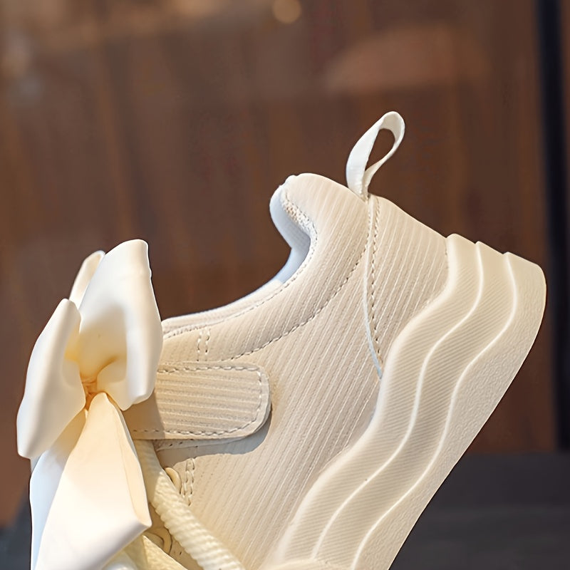 Kids Girls Canvas Sneakers Lace-Up Casual Shoes with Rubber Sole and Bow Detail