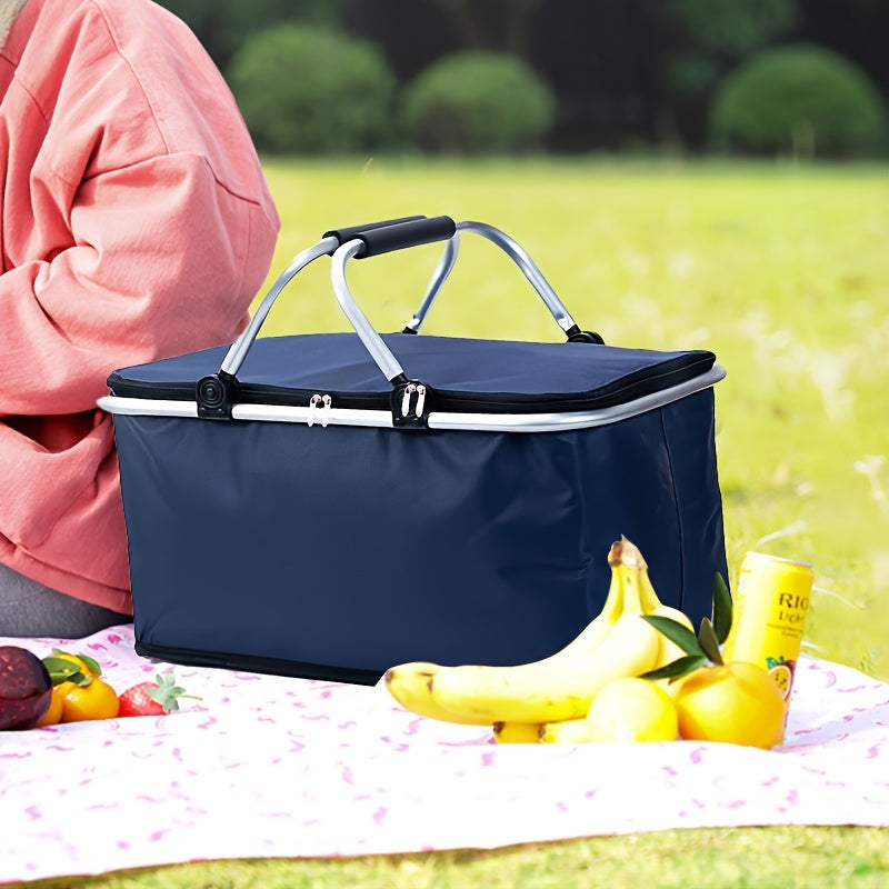 Foldable Insulated Picnic Bag with Handle for Outdoor Travel Black Nylon